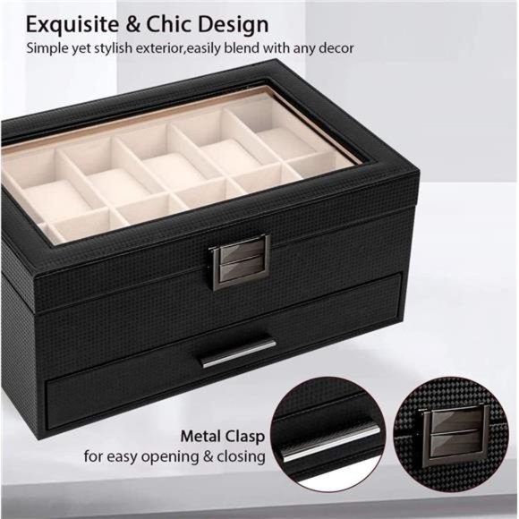 Jewelry Box for Men Women, 2 Layer Large 12 Slot PU Leather Watch Storage, Black - Picture 3 of 6